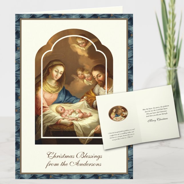 Cartes Pour Fêtes Annuelles Noël ancien crèche Jésus Marie Joseph (Traditional Catholic Vintage Nativity of Jesus with inside scripture verse - Easy to personalize! )