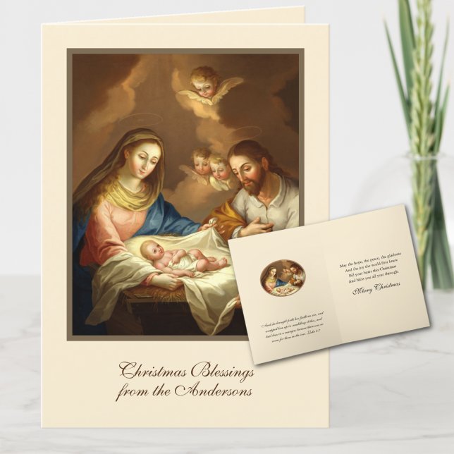 Cartes Pour Fêtes Annuelles Noël ancien Nativité Jésus Marie Joseph (Traditional Catholic Vintage Christmas Nativity - Scripture verse inside. Easy to personalize!)