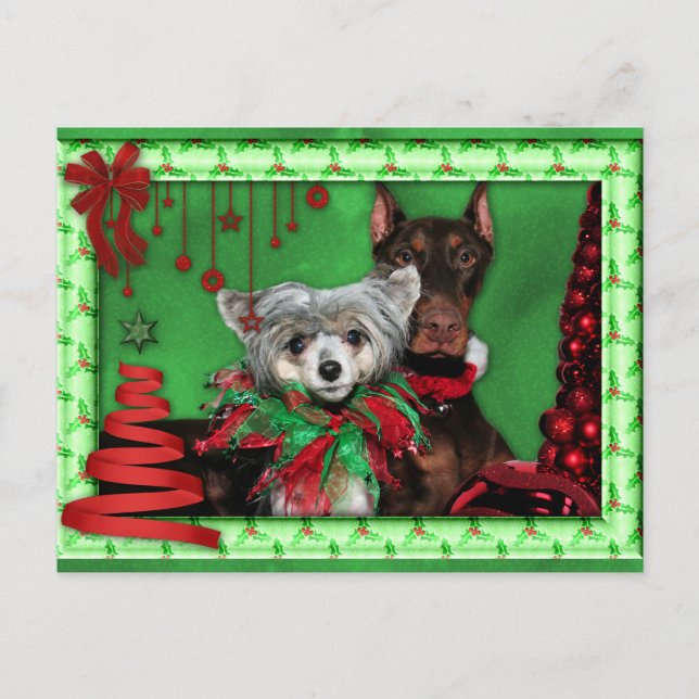 Cartes Pour Fêtes Annuelles Noël - Arbre à ruban rouge - Crestie de Doberman (Devant)
