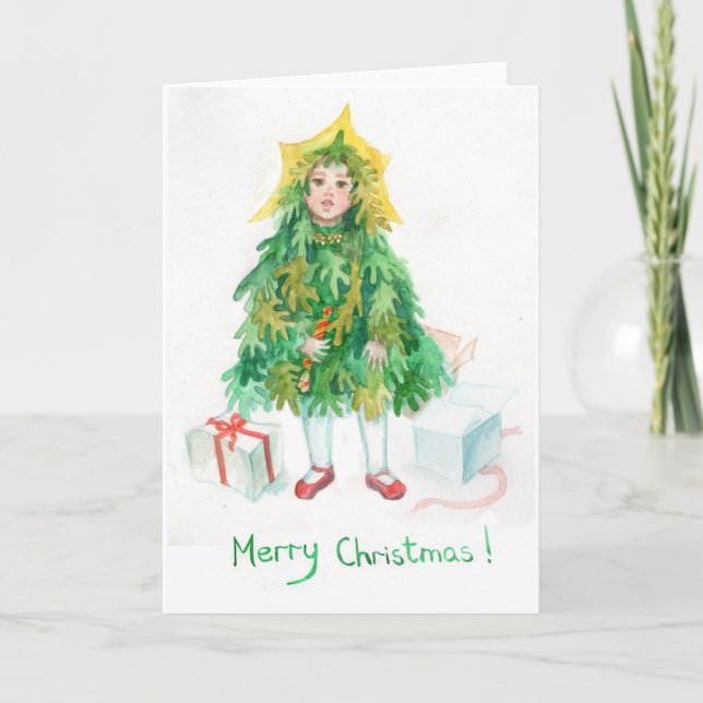 Cartes Pour Fêtes Annuelles Noël arbre vacances accueil mignonne petite fille (Devant)