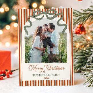 Cartes Pour Fêtes Annuelles Noël Arc Photo Ruban Élégant Rayure Rouge Vert