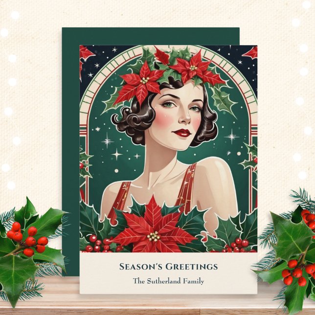 Cartes Pour Fêtes Annuelles Noel Art Déco Inspiré Portrait Lady Retro (A stylish Christmas card with a picture of an elegant lady in an Art Deco inspired style)