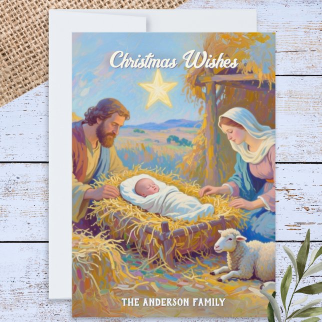 Cartes Pour Fêtes Annuelles Noël Artistique veut la Nativité de la Sainte Fami (A rustic personalized Christmas card with nativity scene)