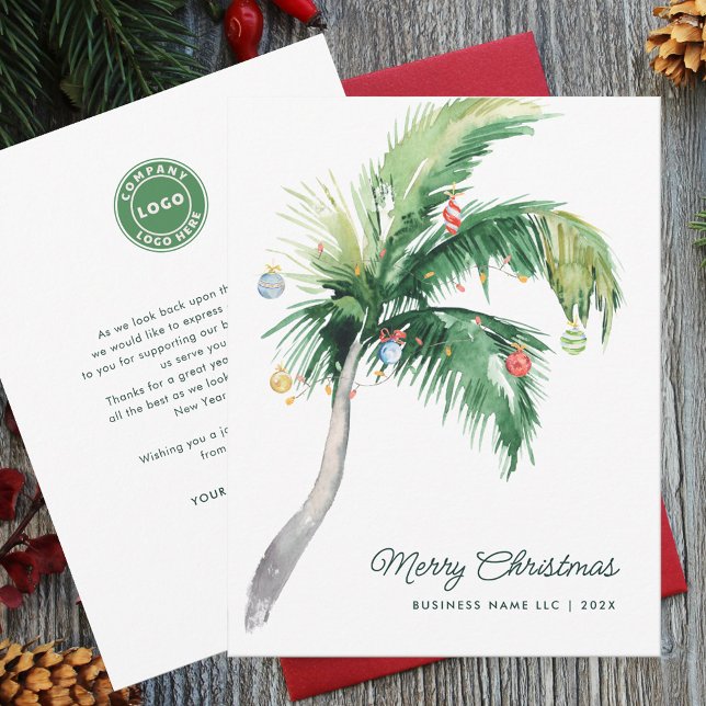 Cartes Pour Fêtes Annuelles Noël au palmier élégant (Business Logo Decorated Palm Tree Christmas Company Greetings Card)