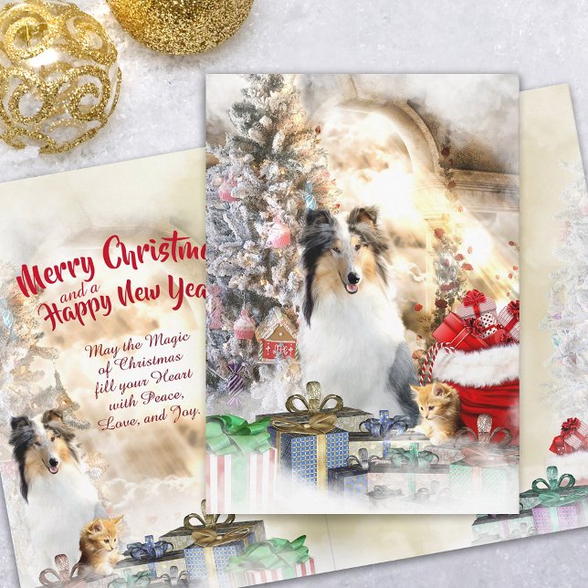 Cartes Pour Fêtes Annuelles Noël avec Collie & Kitten - tout décoré (Créateur téléchargé)