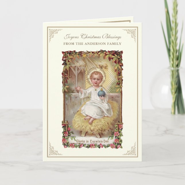 Cartes Pour Fêtes Annuelles Noël Baby Jesus Poinsettias Rosary (Devant)