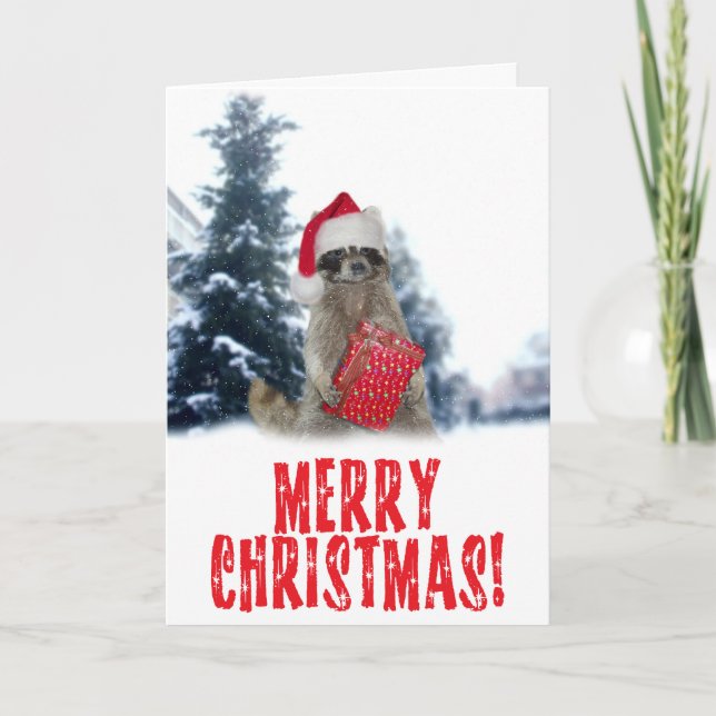 Cartes Pour Fêtes Annuelles Noël Bandit Raccoon avec présent (Devant)