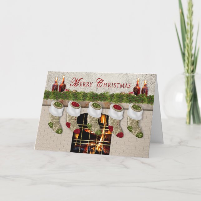 Cartes Pour Fêtes Annuelles Noël - Bas accrochés sur le manteau de cheminée (Devant)