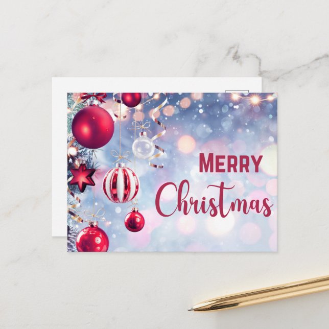 Cartes Pour Fêtes Annuelles Noël Baubles rouges pendre Joyeux Noël (Devant/Arrière en situation)