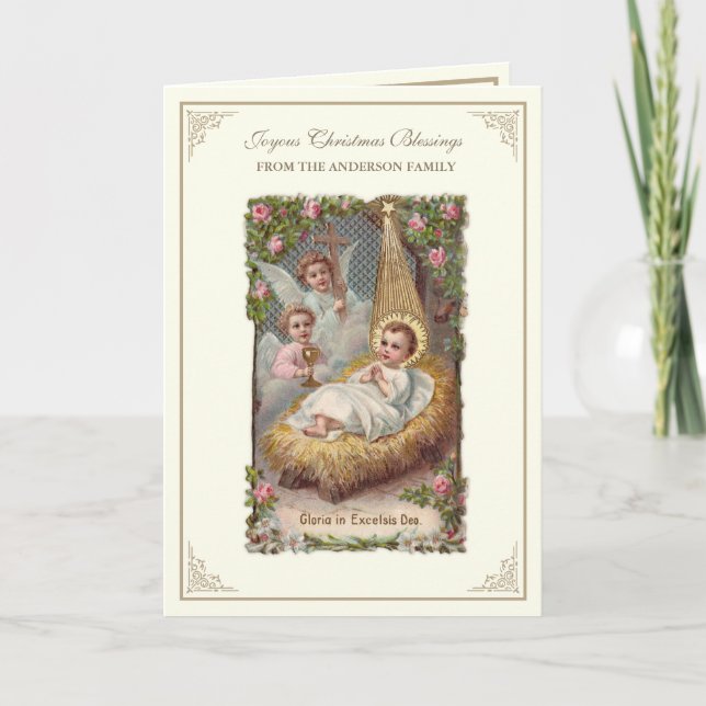 Cartes Pour Fêtes Annuelles Noël Bébé Jésus Anges Poinsettias (Devant)