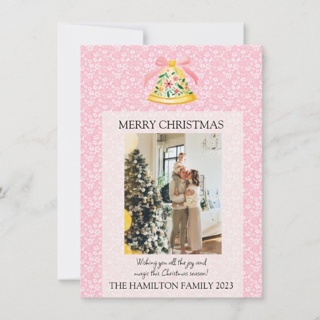 Cartes Pour Fêtes Annuelles Noël Bell rose Preppy avec photo (Devant)