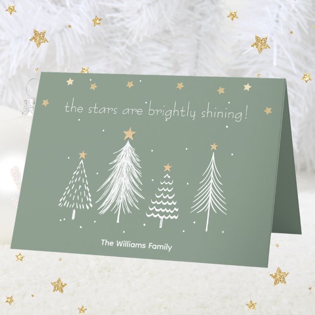 Cartes Pour Fêtes Annuelles Noël blanc et or avec nom de famille vert (White and Gold Christmas with Family Name Green Holiday Card)