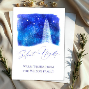 Cartes Pour Fêtes Annuelles Noel bleu et blanc Silent Night enneigé arbre