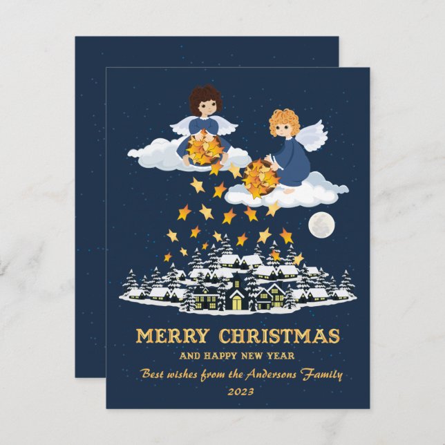 Cartes Pour Fêtes Annuelles Noël bleu or mignon petits anges (Devant / Derrière)