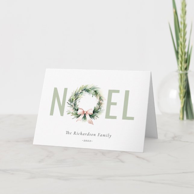 Cartes Pour Fêtes Annuelles Noel Blush Vert Noël Wreath Aquarelle (Devant)