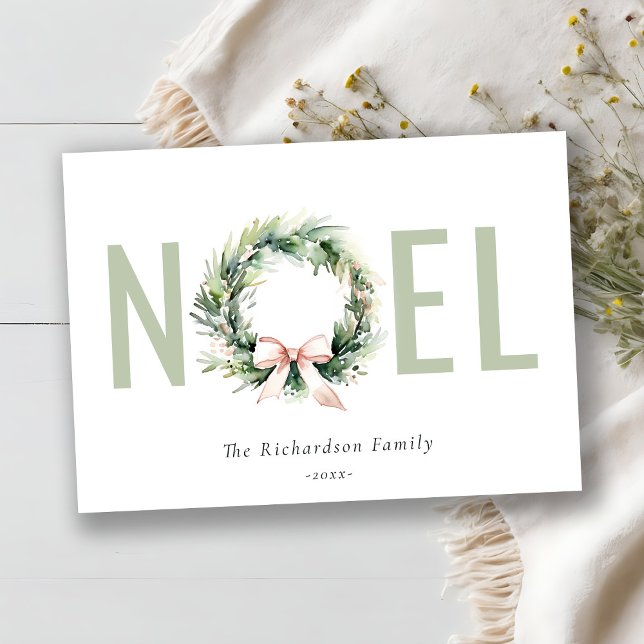 Cartes Pour Fêtes Annuelles Noel Blush Vert Noël Wreath Aquarelle (Créateur téléchargé)