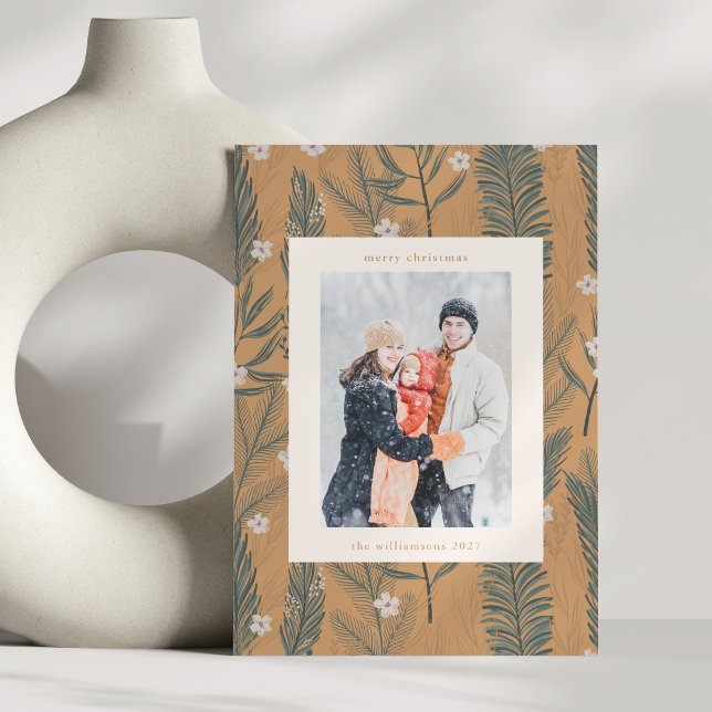 Cartes Pour Fêtes Annuelles Noël Boho Tan Vert Deux Photo Verticale (Créateur téléchargé)