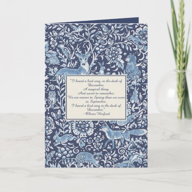 Cartes Pour Fêtes Annuelles Noël Bois Animaux Bleu Poème d'hiver Personnalisé (Devant)