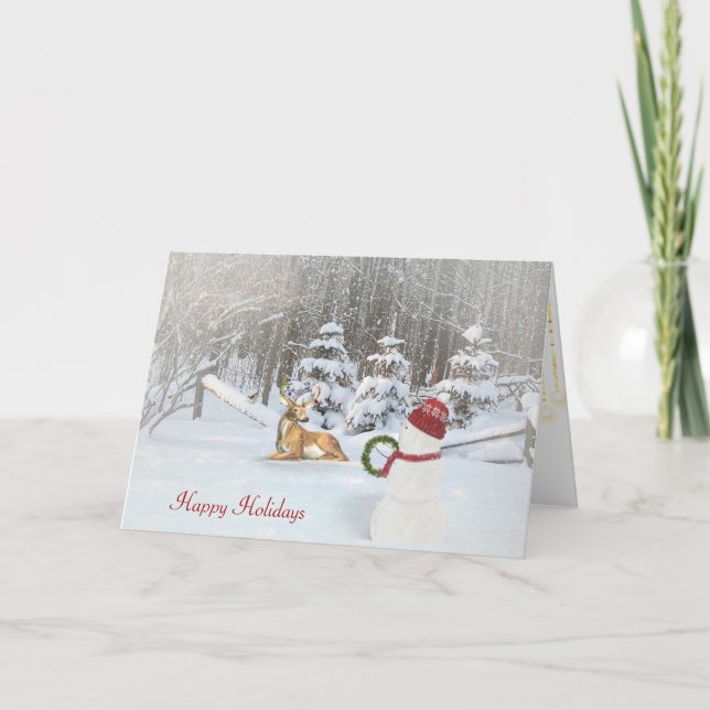 Cartes Pour Fêtes Annuelles Noël bonhomme de neige et cerf dans les bois d'hiv (Devant)
