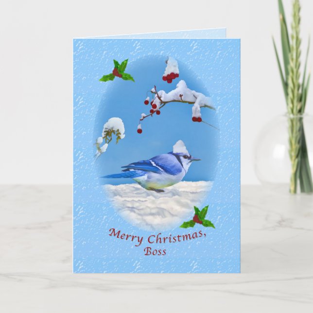 Cartes Pour Fêtes Annuelles Noël, Boss, Blue Bird et Neige (Devant)