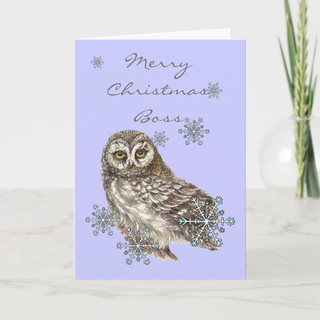 Cartes Pour Fêtes Annuelles Noël Boss Neige & Chouette Cute Aquarelle Oiseau (Devant)