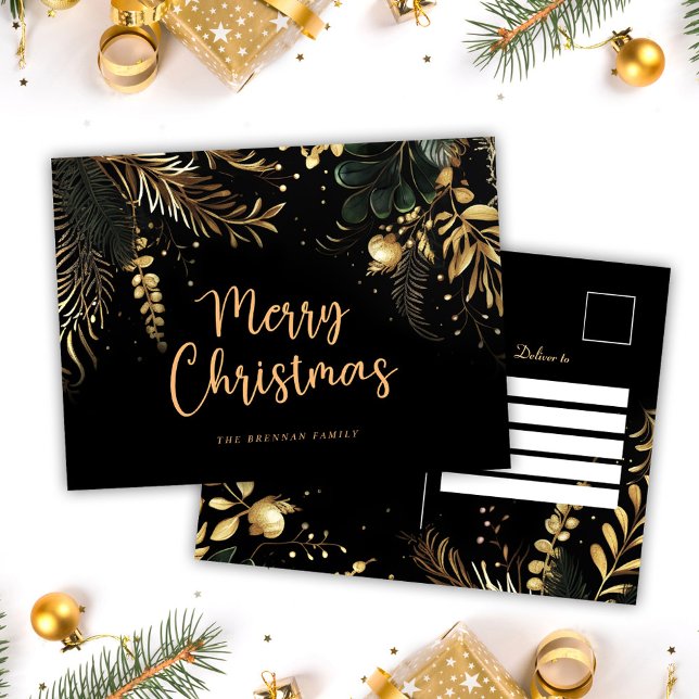 Cartes Pour Fêtes Annuelles Noël botanique en or noir moderne (Modern Elegant Black Gold Botanical Christmas Holiday Postcard)