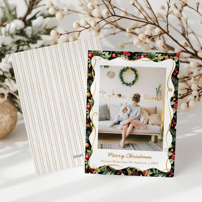 Cartes Pour Fêtes Annuelles Noël botanique moderne noir et or 1 photo (Créateur téléchargé)