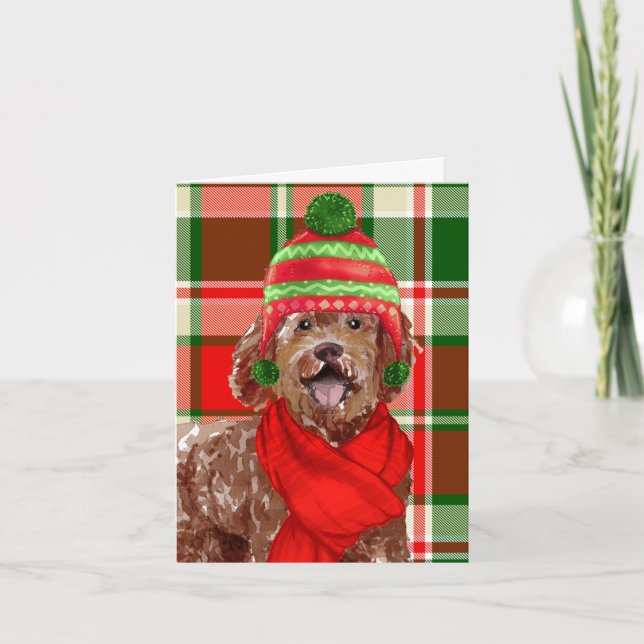 Cartes Pour Fêtes Annuelles Noël Brown Labradoodle Chien et Festif Plaid (Devant)