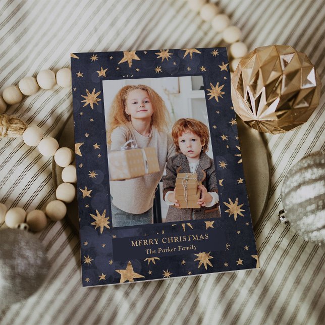 Cartes Pour Fêtes Annuelles Noël céleste | Étoiles d'or sur photo bleue (A blue Christmas photo card full of elegant gold stars)