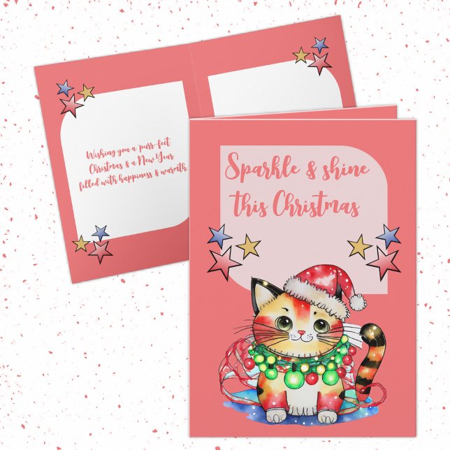 Cartes Pour Fêtes Annuelles Noël chatte étoiles rose (Créateur téléchargé)