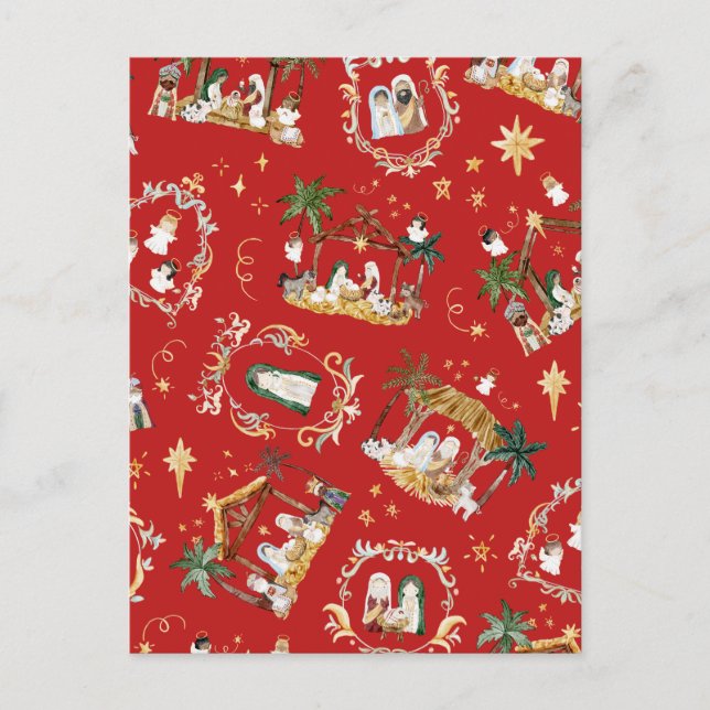Cartes Pour Fêtes Annuelles Noël chrétien aquarelle Nativité Rouge (Devant)
