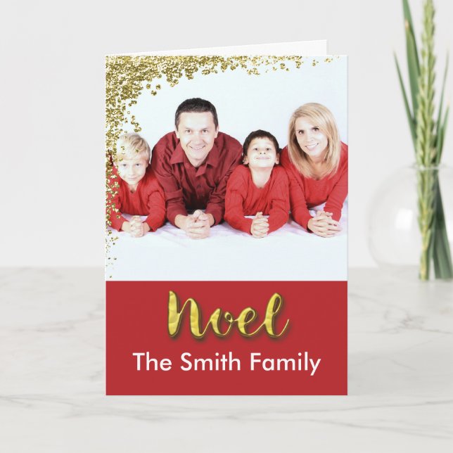 Cartes Pour Fêtes Annuelles Noel Christmas Gold sur Red Custom Photo & Name Ca (Devant)