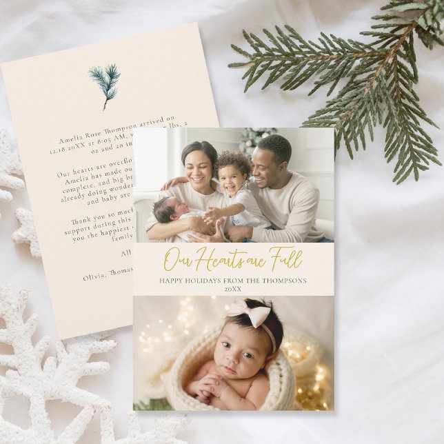 Cartes Pour Fêtes Annuelles Noël Cœurs Pleins Douce Famille Bébé 2 Photos (christmas family card baby announcement card modern calligraphy simple elegant 2 photos cream gold)
