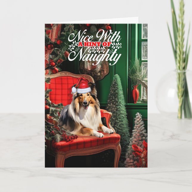 Cartes Pour Fêtes Annuelles Noël Collie Dog Naughty ou Nice (Devant)