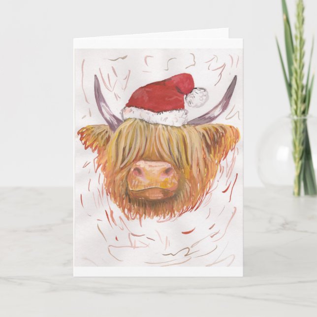 Cartes Pour Fêtes Annuelles noël coo vache Highland avec Casquette de Noël (Devant)