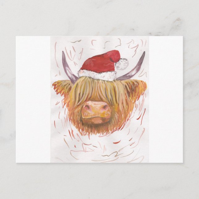 Cartes Pour Fêtes Annuelles noël coo vache Highland avec Casquette de Noël (Devant)