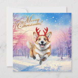 Cartes Pour Fêtes Annuelles Noël Corgi Reindeer bois saute dans la neige