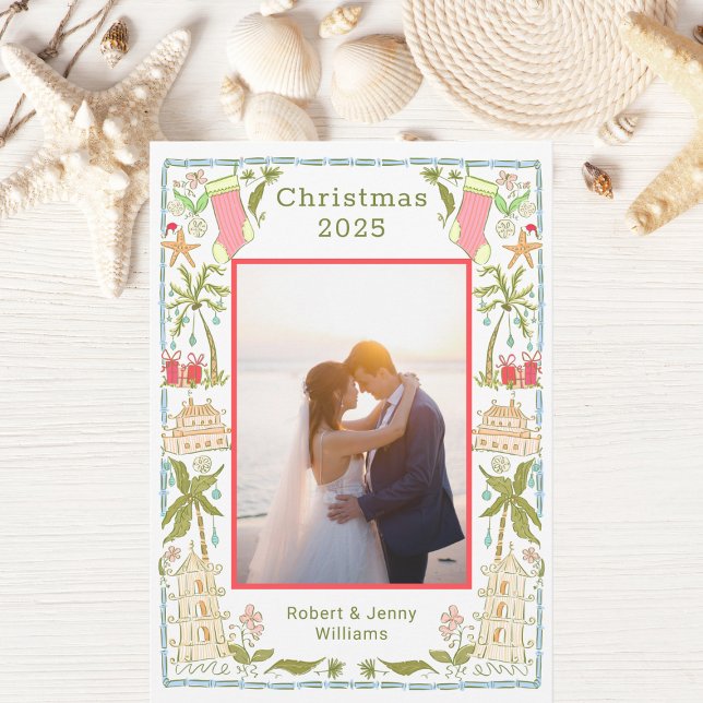 Cartes Pour Fêtes Annuelles Noël côtier avec frontière de plage (Créateur téléchargé)