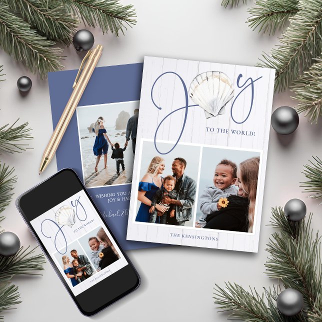 Cartes Pour Fêtes Annuelles Noël côtier Joy Seashell Holiday 3 Photos (Coastal Christmas Joy Seashell 3 Photos Holiday Card)