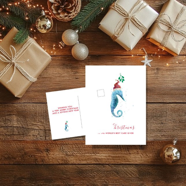 Cartes Pour Fêtes Annuelles Noël côtier SeaHorse Care Giver Aquarelle (Care Give Holiday card)