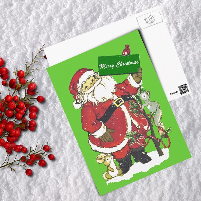Cartes Pour Fêtes Annuelles Noël d'animaux mignons du père noël Joyeux (Cute Santa claus animals decorated tree snow on green Merry Christmas postcard.)