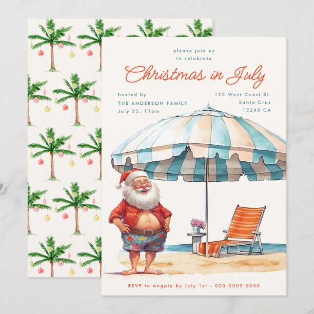 Cartes Pour Fêtes Annuelles Noël d'aquarelle rétro en juillet Fête d'été (Devant / Derrière)