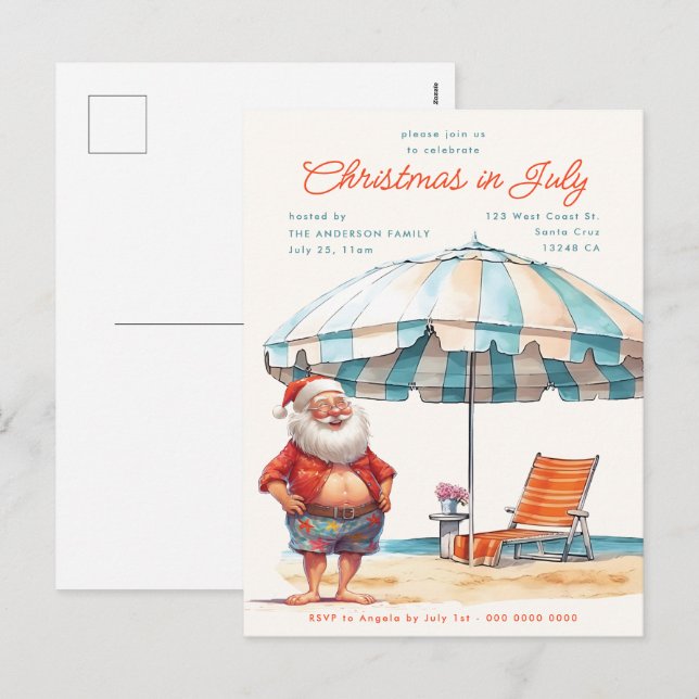 Cartes Pour Fêtes Annuelles Noël d'aquarelle rétro en juillet Fête d'été (Devant / Derrière)