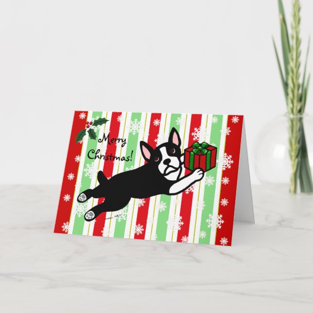 Cartes Pour Fêtes Annuelles Noël de Boston Terrier 2 flocons de neige de bande (Devant)