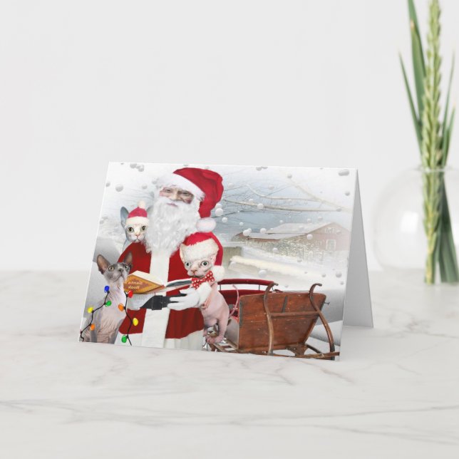 Cartes Pour Fêtes Annuelles Noël de chaton de Sphynx avec Père Noël (Devant)