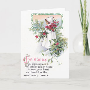 Cartes Pour Fêtes Annuelles Noël de cru de petite fille de houx et de