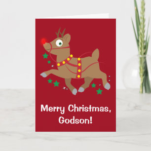 Cartes Pour Fêtes Annuelles Noël de filleul avec le renne au nez rouge