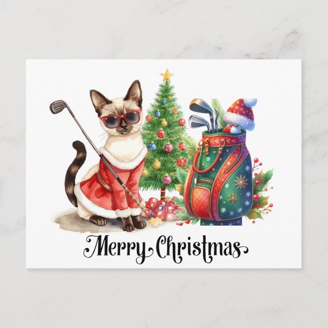 Cartes Pour Fêtes Annuelles Noël de golf sur le thème de Siamese Cat Golfer (Devant)