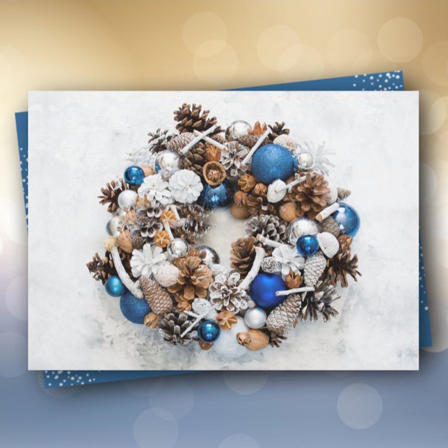 Cartes Pour Fêtes Annuelles Noël de la couronne de pin blanc bleu (Créateur téléchargé)