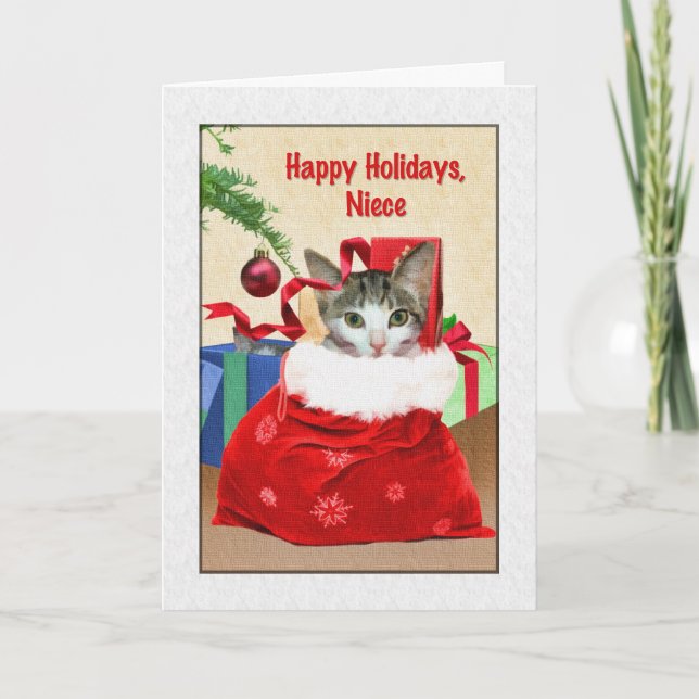 Cartes Pour Fêtes Annuelles Noël de la nièce, chat sous l'arbre (Devant)